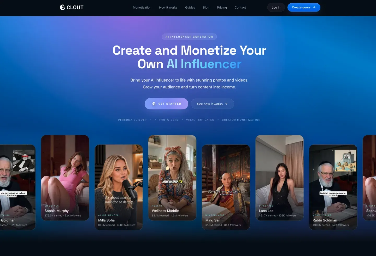 Clout's landing page showing AI personas as influencers, each with a niche, follower count, and earnings, across lifestyle, health, and finance