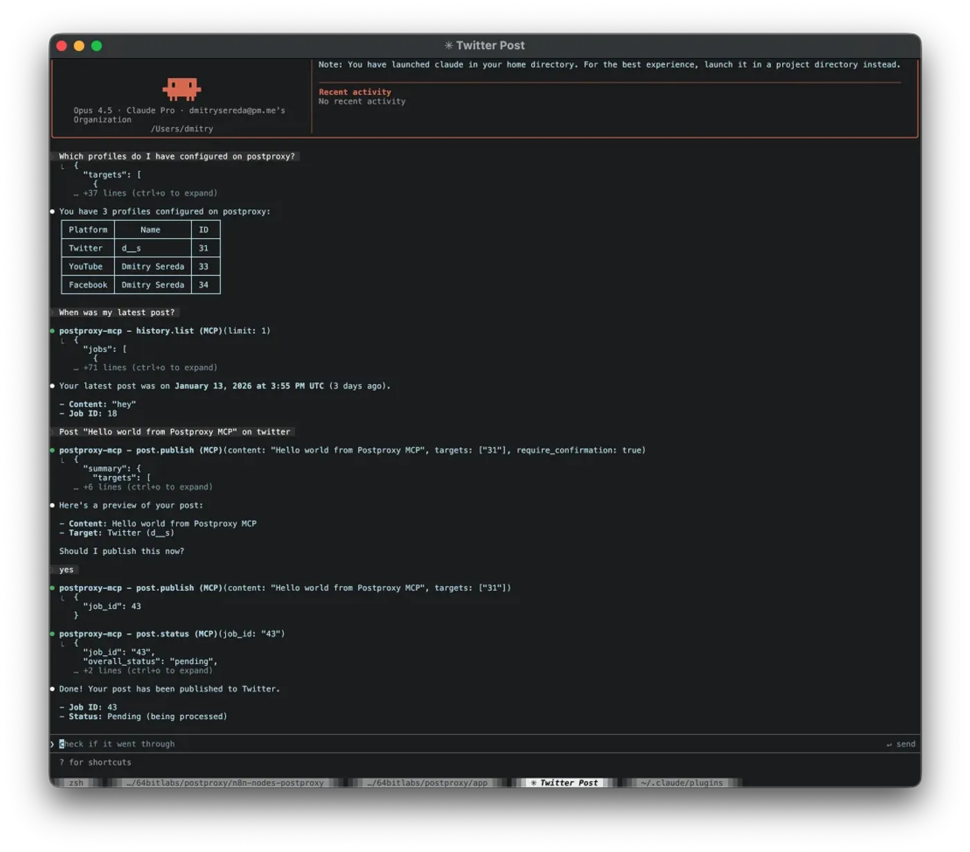 Postproxy MCP session in Claude Code