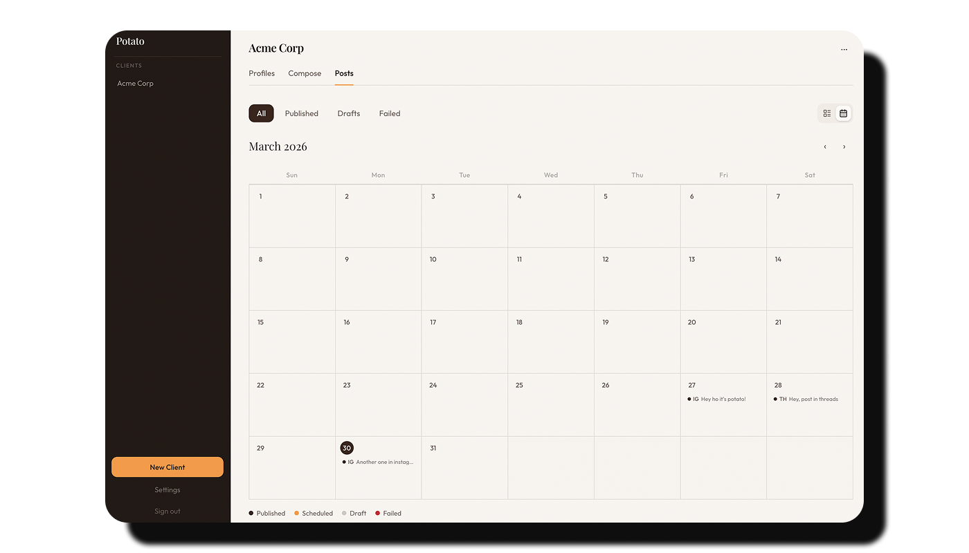 Potato blueprint app — Acme Corp calendar with scheduled posts