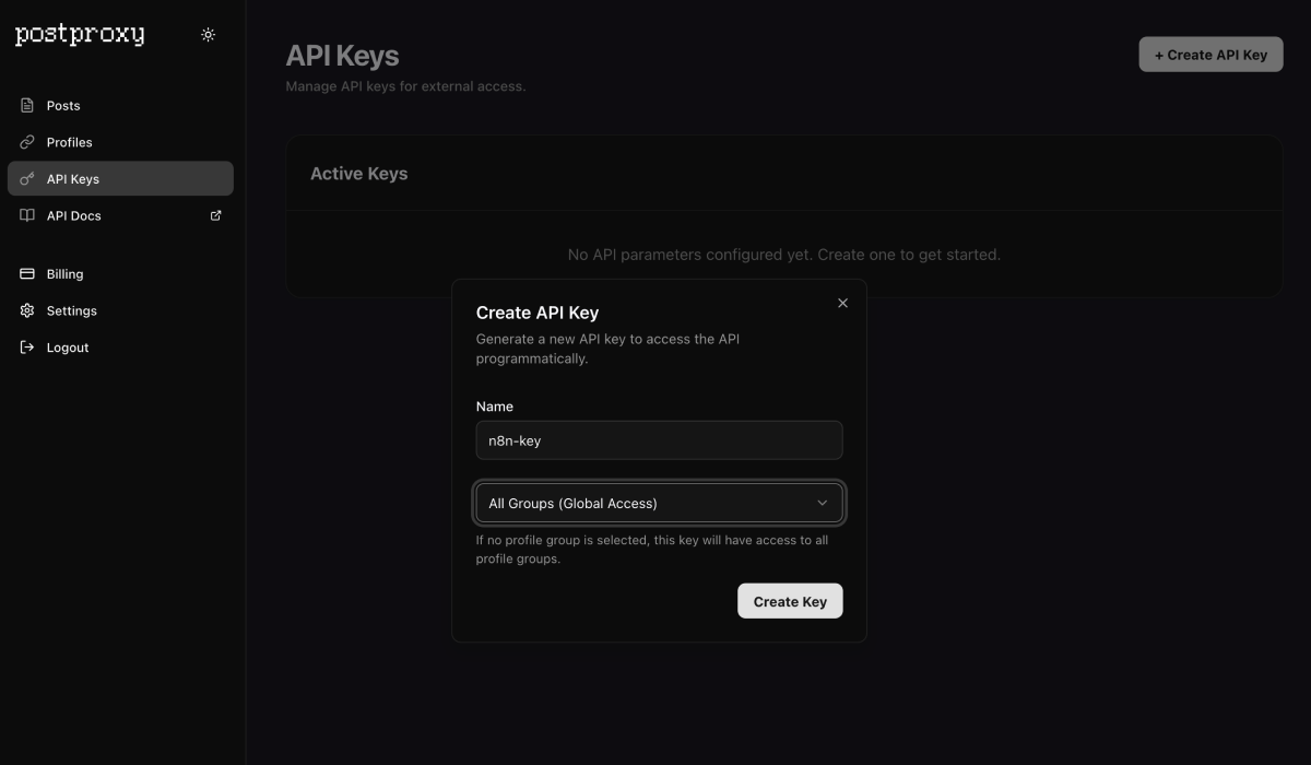 Creating an API key in the Postproxy dashboard