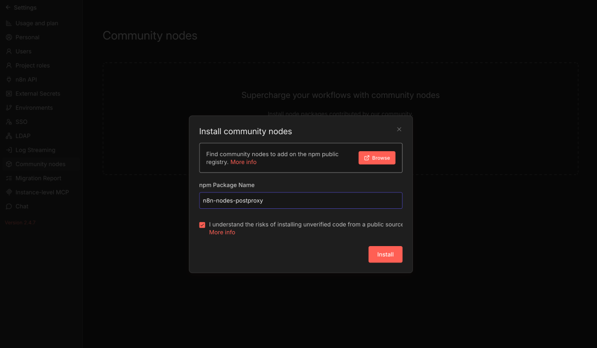Installing Postproxy node from n8n community nodes