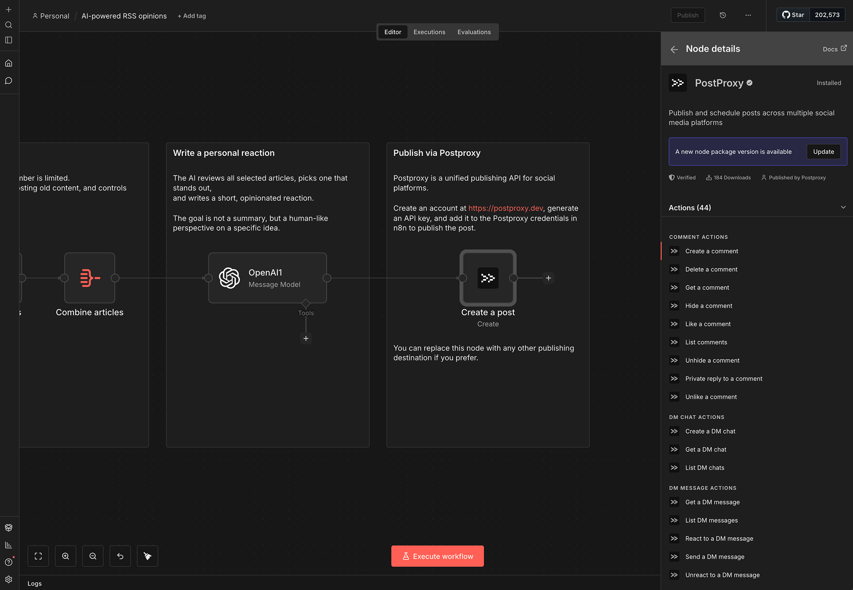 The PostProxy node in an n8n workflow: articles are combined, OpenAI writes a reaction, and the PostProxy "Create a post" node publishes it, with the node's action list — posts, comments, and direct messages — open in the details panel.