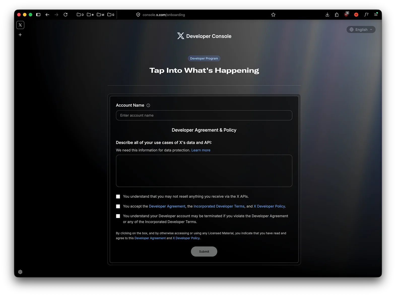 X developer console signup