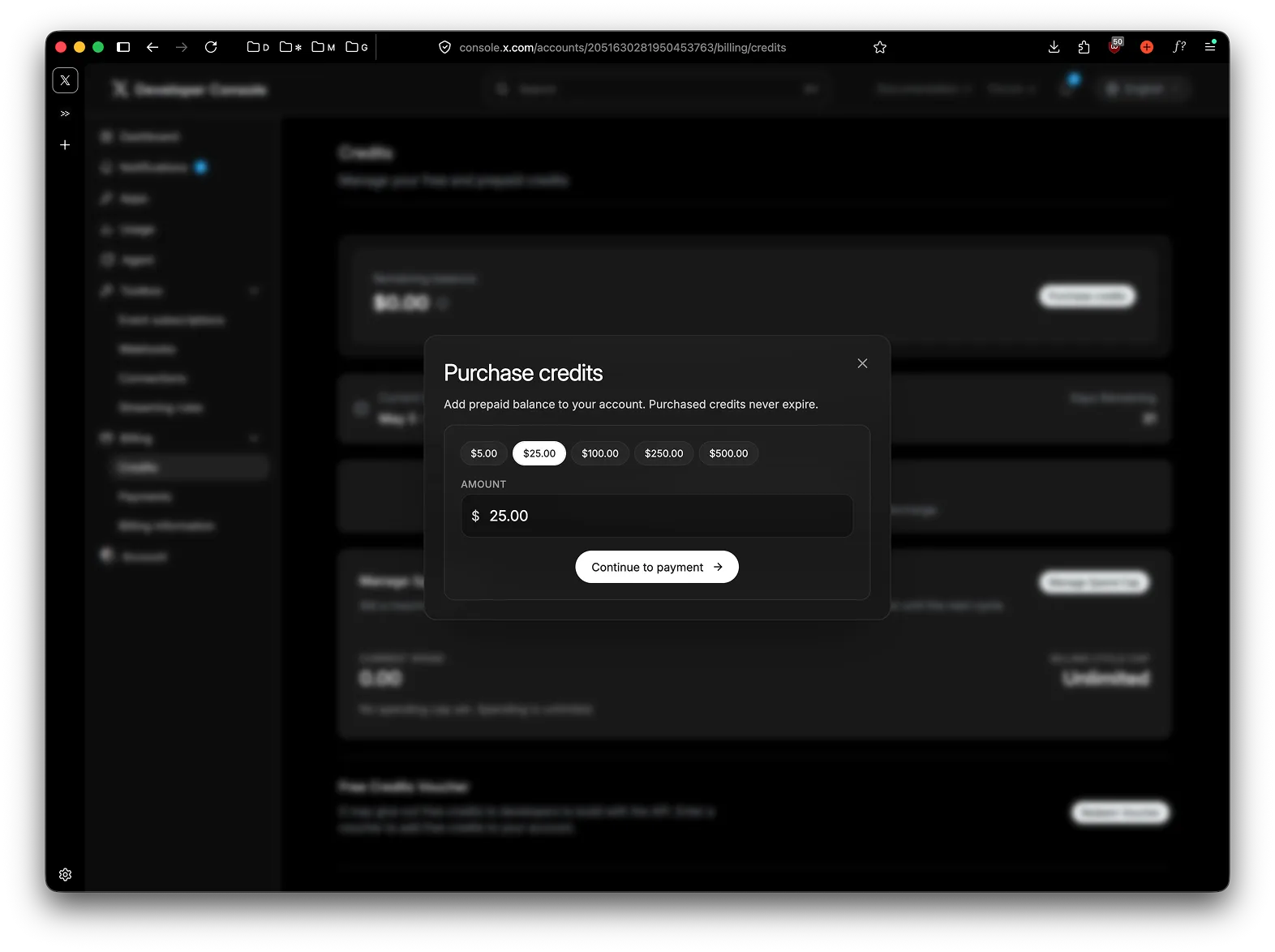Purchase credits modal