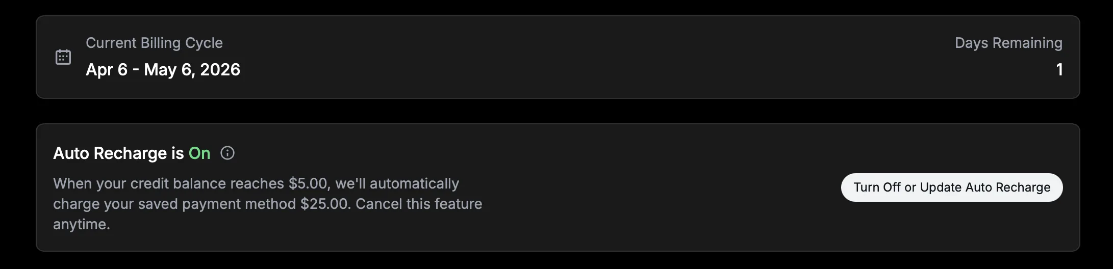 Auto Recharge enabled
